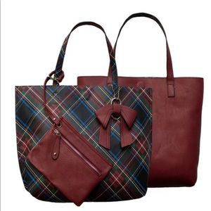 Reversible Vegan Leather Red/Plaid Tote